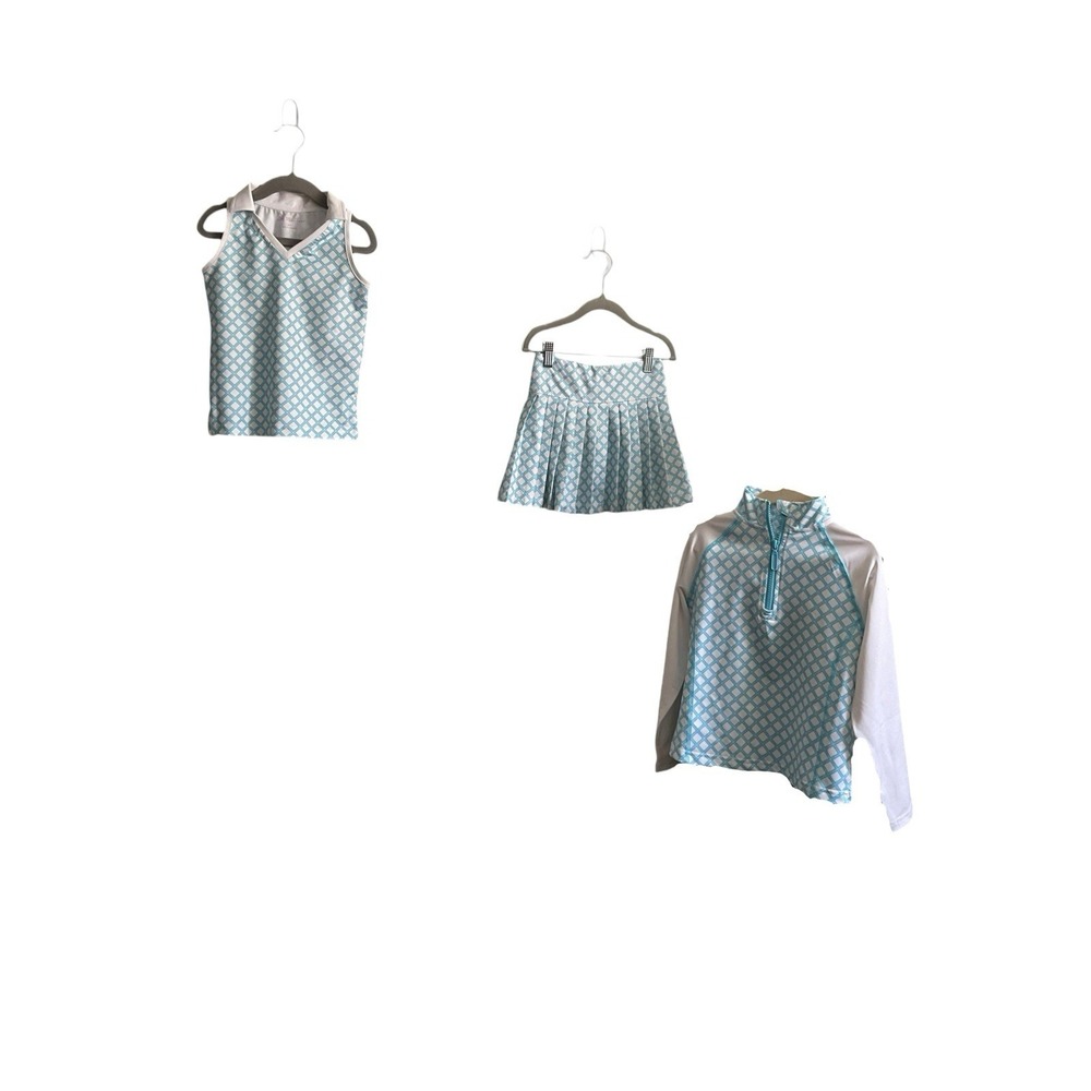 Little Miss Tennis 3pc Set Kids 5/6 Blue White Excellent Lattice Skort Pullover